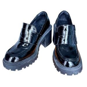 Y2K Penny Loafers Platform Shoes Women 9 Black Patent Faux Leather Chunky Shoes